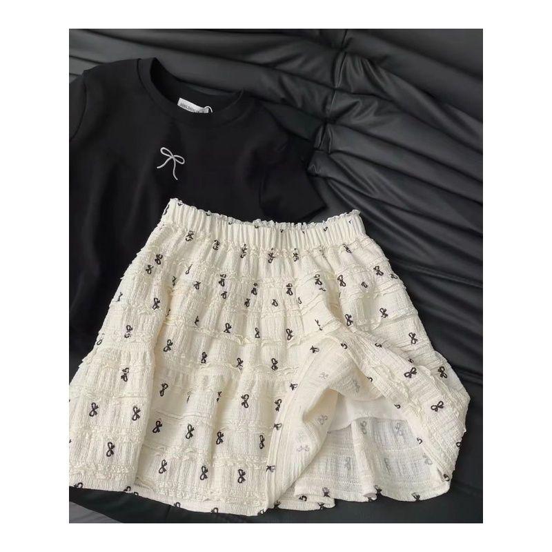 Korean Style Bow Print Lace Hollow-out Skirt Summer Small Age-Reducing Cake Dress Slimming A- line Skirt Womenswear Bottom Lingerie Lady Comfort 1