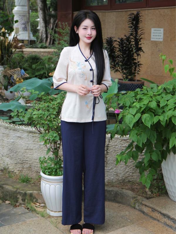 Tinh Nhi đồ lam đi lễ cúc chéo thêu hoa tiểu thư thanh lịch PP220 Nhung Áo Nữ Top Women 5