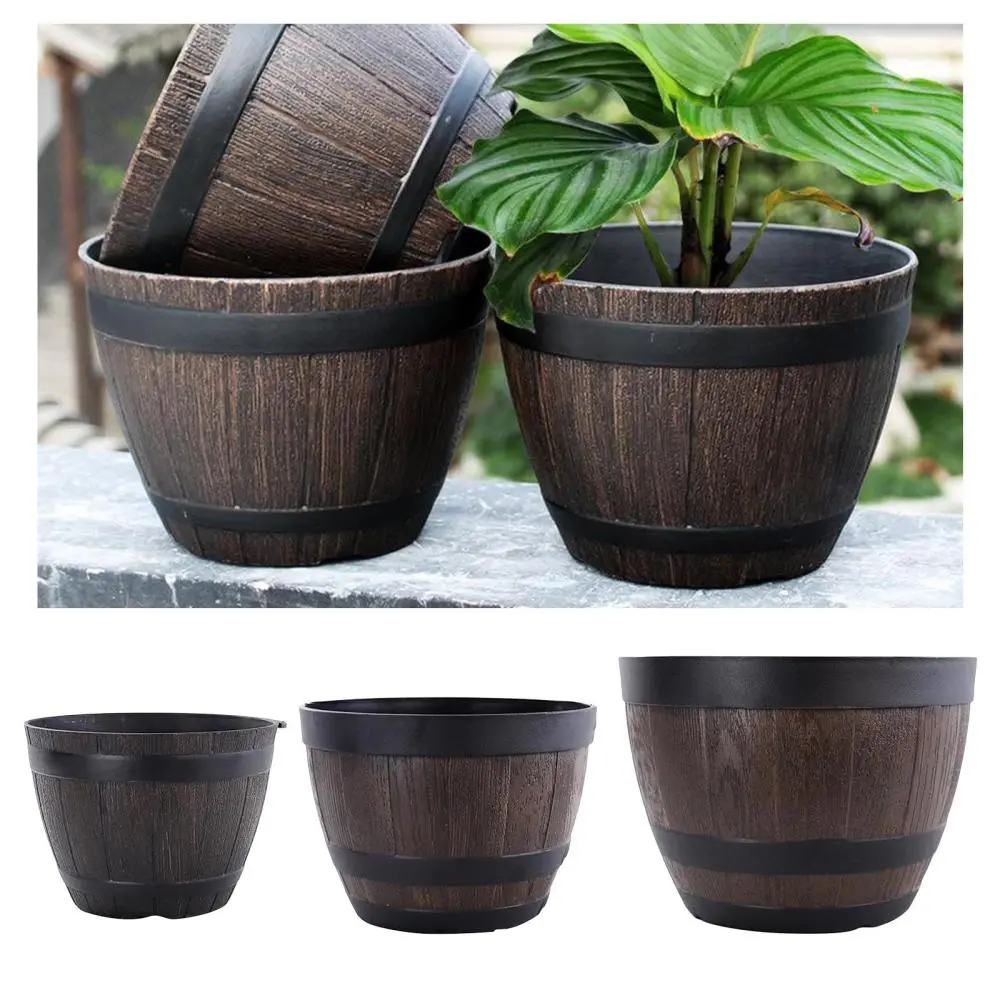 Resin Barrel Planter Indoor Outdoor Large Flower Pot Plant Pot Garden Decor