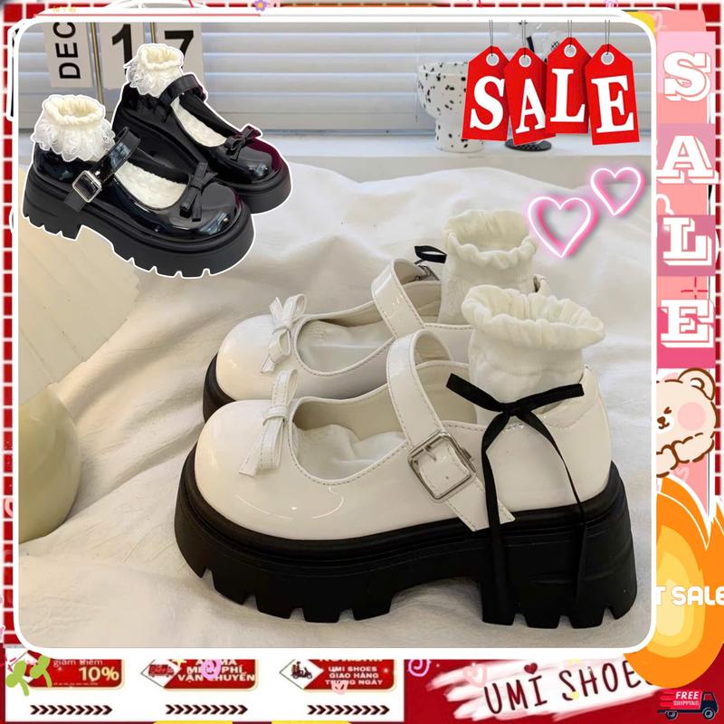 BÀN CHÂN GẦY ỐM CẦN LÙI 1 SIZE Giày Lolita Nữ JP NO Đế BẰNG kiểu búp bê Mary Jane quai cài màu đen kem THỜI TRANG hot Shoes