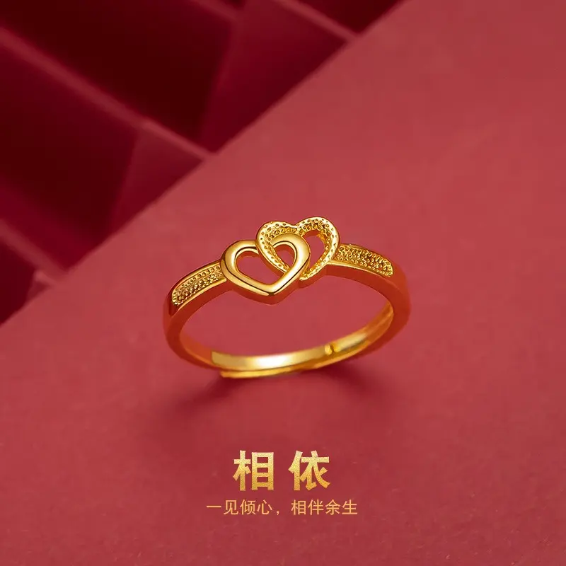 Vietnam Sand Gold Plated Double Heart Women's Ring Quantity Measuring Ring Japanese and Korean Fashion Open Mouth Women's Love Ring