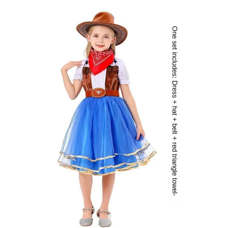 Product Introduction of Halloween New  Anime Cosplay Western Cowboy Outfit Children's Holiday Party Girls Dress Costume Cowboy Hat 6