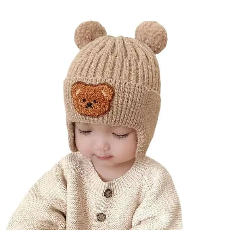 New Baby Cute Bear Double Ball Infant and Toddler Warm Ear Protection Knitted Wool Hat Autumn/Winter
