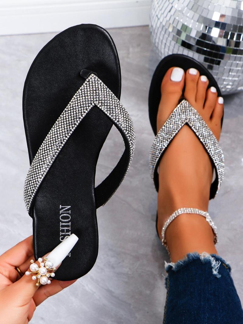 Product Introduction of Women's Rhinestone Decorated Flat Flip Flops, 1 Pair Fashionable Casual Versatile Beach Slippers, Summer Beach Shoes for Women & Girls 11