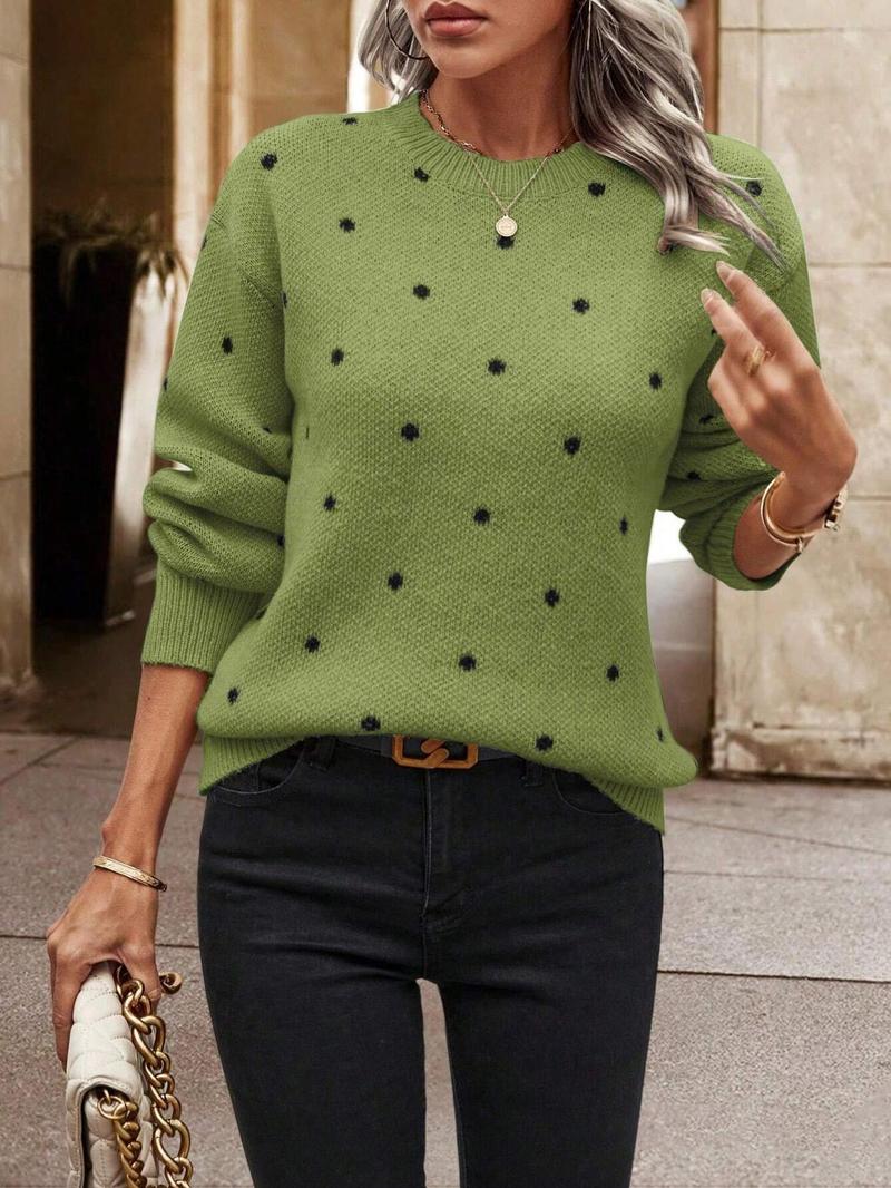 Product Introduction of Women's Polka Dot Print Drop Shoulder Longsleeves Crewneck Sweater, Long Sleeve Round Neck Jumper for Fall & Winter, Fashion Ladies' Knitwear for Daily Wear, Comfort Lady Tops, Casual Womenswear,  Modest Outfits 8