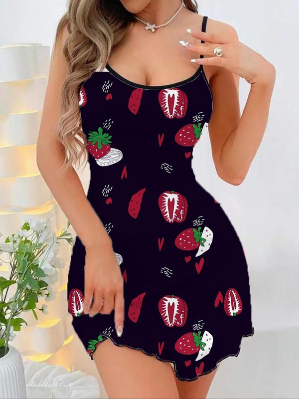 Women's Strawberry Print Lettuce Trim Cami Nightdress, Casual Soft Comfortable Spaghetti Strap Nightgown for All Seasons, Fashion Ladies' Sleepwear for Daily Wear 2