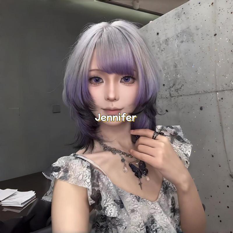 Product Introduction of hair wig for woman full head cosplay bangs wig set summer gradient purple black in long hair burst top dyeing natural niche simulation Heat Resistant Synthetic Hair 11