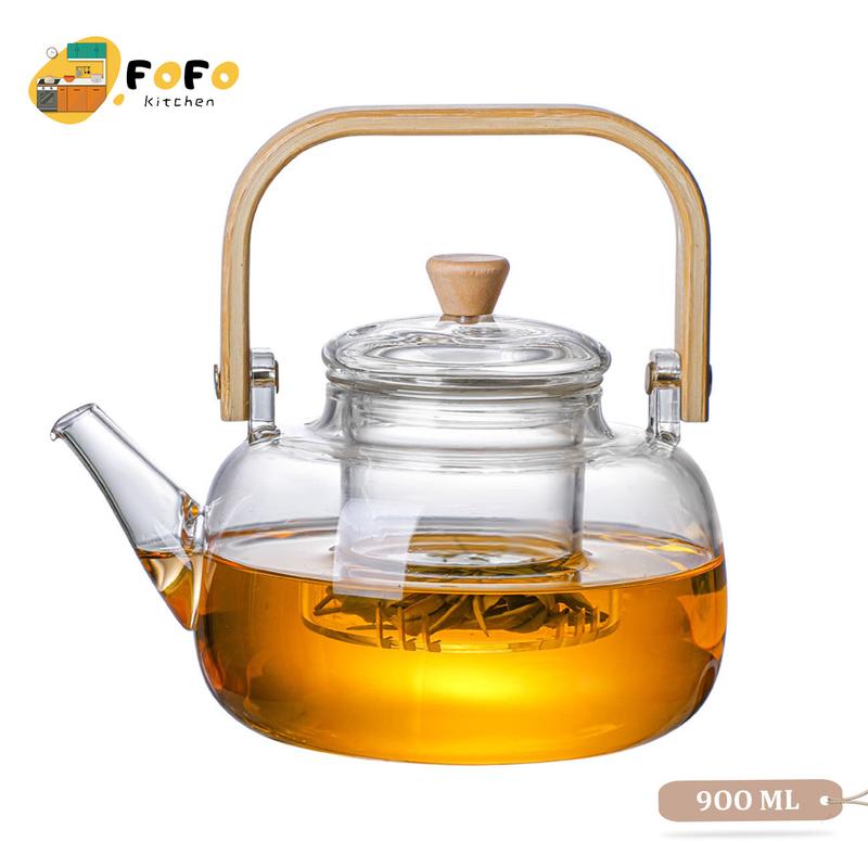  Bình pha trà thuỷ tinh có lõi lọc thủy tinh Ấm trà 900ML có tay cầm tre Có thể làm nóng bằng bếp gas và bếp gốm điện 
