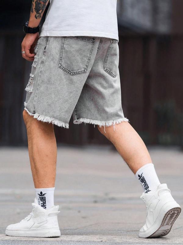Men's Solid Color Ripped Denim Shorts, Fashion Loose Fit Short Jeans for Summer, Men's Bottoms for Daily Wear, Cotton, Womenswear 1