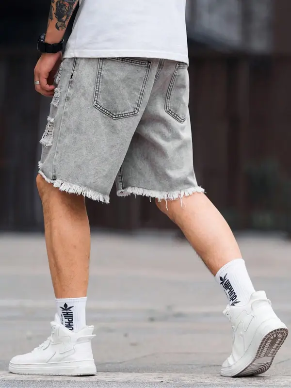 Men's Solid Color Ripped Denim Shorts, Fashion Loose Fit Short Jeans for Summer, Men's Bottoms for Daily Wear, Cotton, Womenswear 1