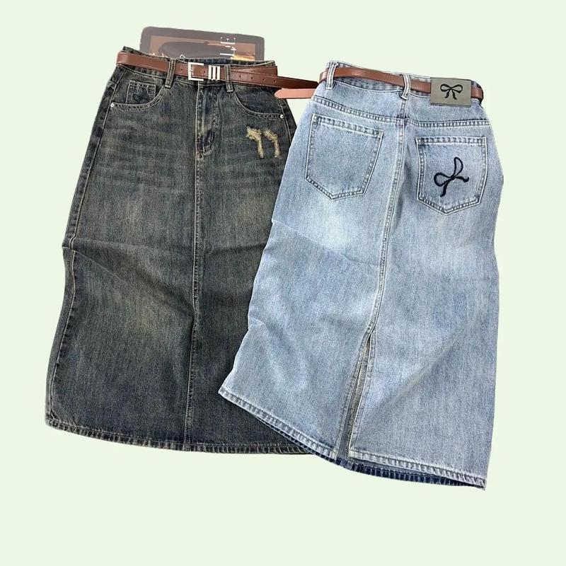 Chân Váy Jean QC Thêu Nơ Sau Túi Xẻ Sau Chất Vải Mềm Mịn Lưng Cao Không Co Giãn Nữ Voan