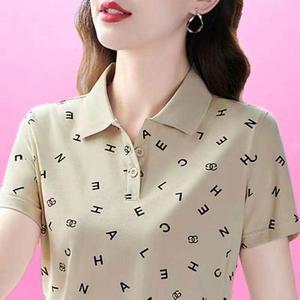 100KG Can Wear Fashion Sport Running Clothes Korean Style Casual Plus Size Letter Print Women Short Sleeve Polo Shirt New Design Lapel Blouse Stretch Tops Ladies T-shirt