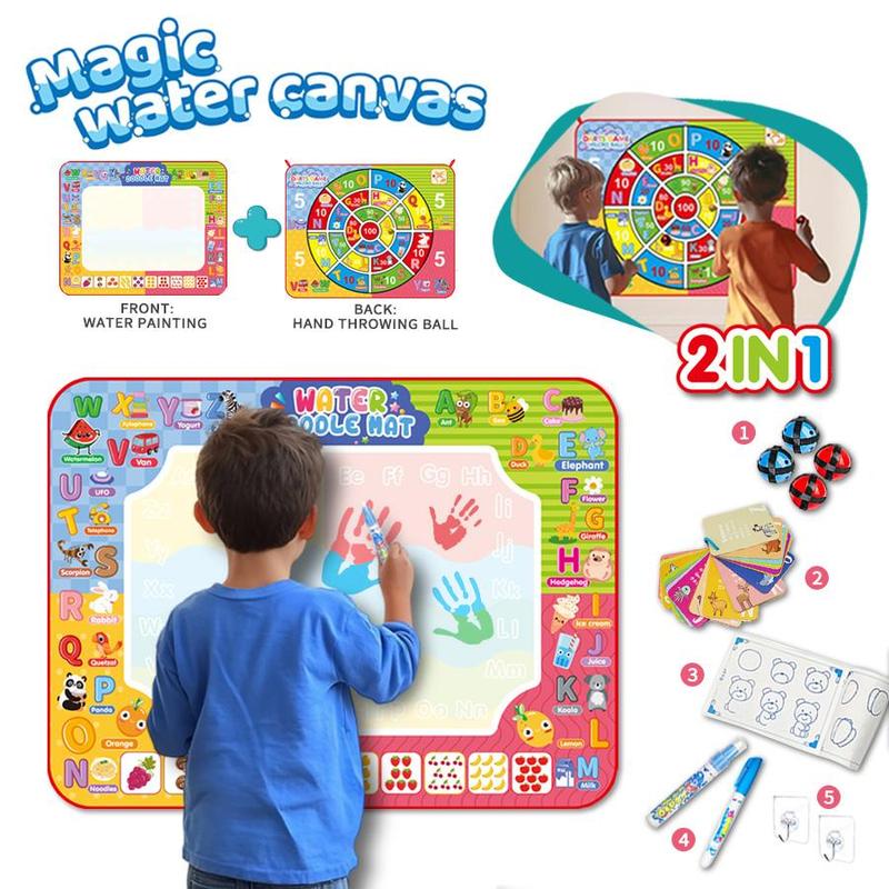 2 in 1 Water Doodle Mat, 1 Set Large Water Painting Doodle Drawing Mat, Throwing Ball Toy Design on the Back, Suitable for Parent Interaction 0