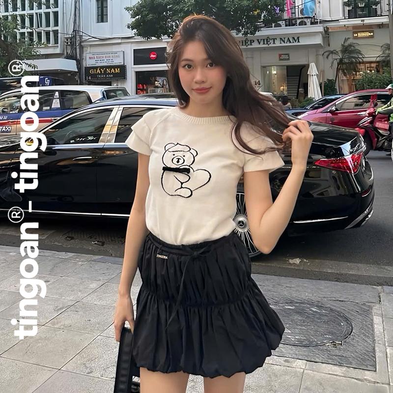 TINGOAN - Áo len xù dáng lửng ngắn tay thêu hình gấu trắng BABY BEAR TOP WH PHIÊN BẢN MỚI NHẤT T5.2025