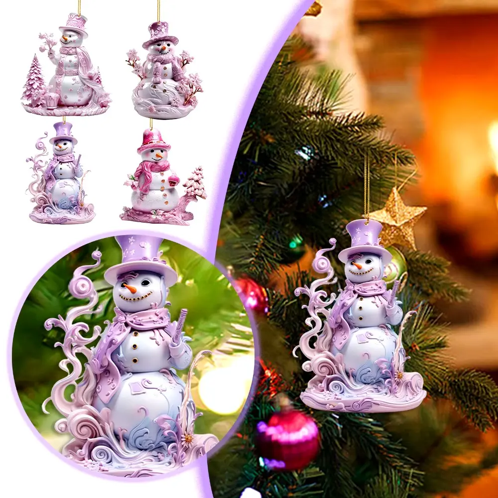 Creative Pink Snowman Christmas Decorations 2D Acrylic Flat Printing Hanging Pendants Cartoon Christmas Gift Xmas Tree Ornament Party Supplies