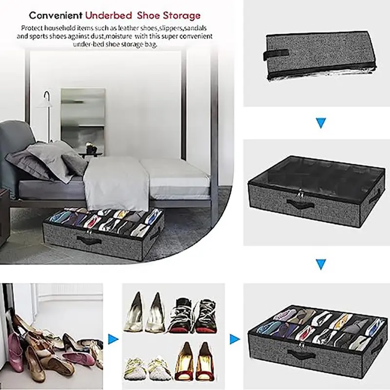 Underbed Shoe Organizer Storage Box with Handle, Foldable Shoe Storage Box, Shoe Organizer for Home Bedroom, Dormitory, Hotel, Apartment 6
