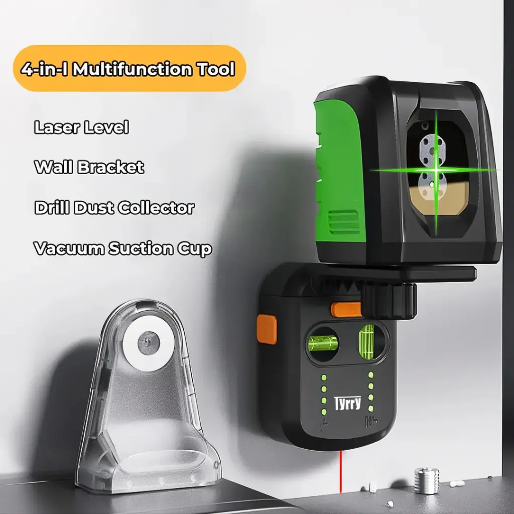 4-in-1 Laser Level Tool with Line Laser, Drill Dust Collector, Wall Bracket, Electronic Vacuum Suction Cup, 1800 mAh Battery, Leveler Tool Perfect for Picture Hanging, Painting, Home Renovations