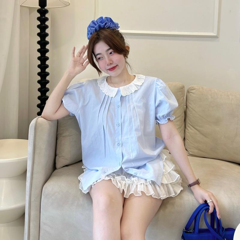 Áo Sơ Mi -LILY- Dáng Rộng Vừa Tay Ngắn Bồng  Cổ Lá Sen Nhỏ Nữ