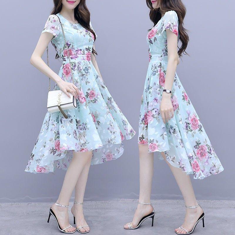 Váy In Hoa, ngắn Tay, Dành Cho Phụ Nữ, Phong Cách Thường Ngày Vừa Vặn Ôm Sát, Váy Lụa Lạnh Không Đối Xứng Cổ Tích Mùa Hè Mới 2024 0