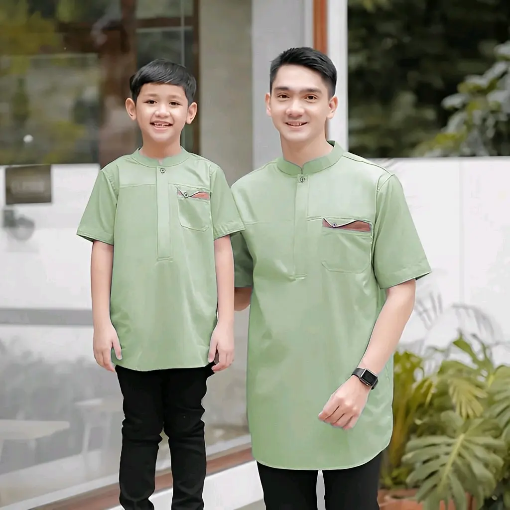 Koko Kurta Couple Ayah Anak Warna Sage Limited Edition Bahan Toyobo Import