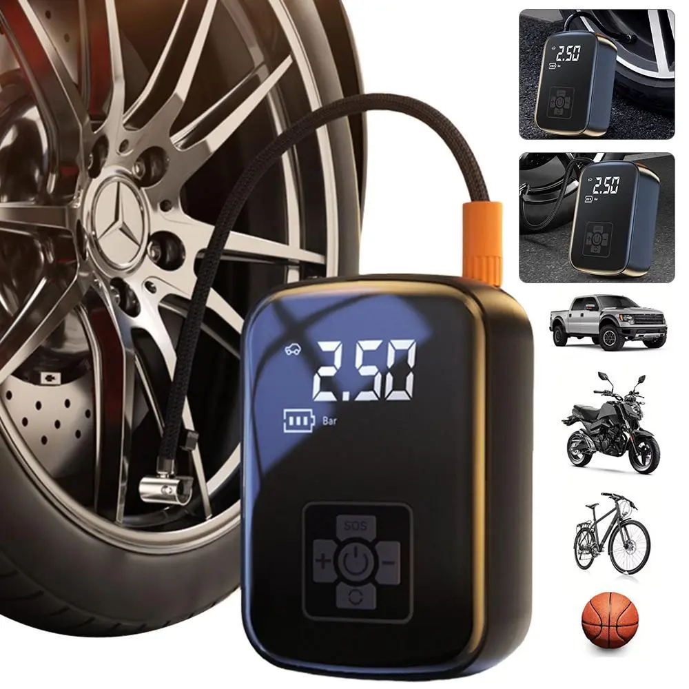 Portable Wireless Car Air Pump, Durable Multifunctional Car Tire Inflator with LED Light, Compact Car Air Pump for Car, Bicycle, Motorcycle, Ball