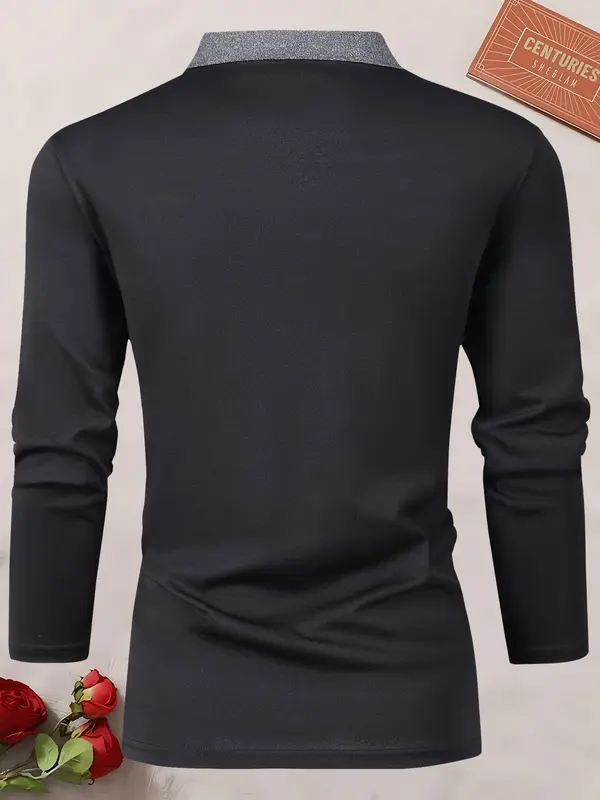Men's Horse Print Quarter Zipper Polo Shirt, Contrast Collar Longsleeves Polo Shirt, Men's Drippy Outfits, Stylish Going Out Outfit 1