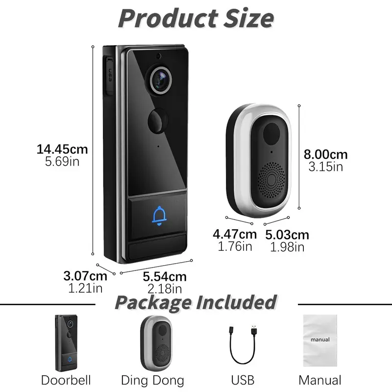 Wireless Smart Video Doorbell, 1080P HD Video Doorbell with Night Vision, Rechargeable Doorbell with PIR Motion-Detection, Home Security System 1