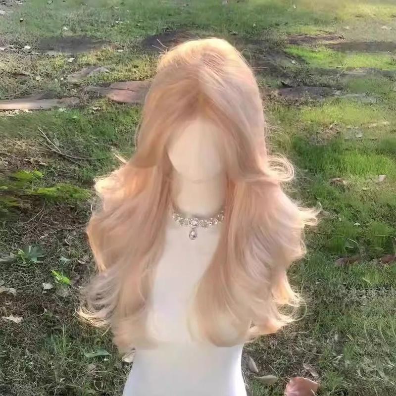 2024 Raspberry Red Wig Women's Long Hair Mid-Length Eight-Character Bangs Big Wave Long Curly Hair Natural Imitation Full Human Hair Full-Head Wig 2