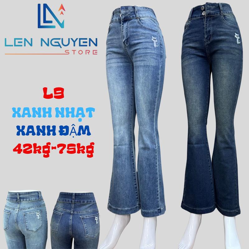L9 [ Len Nguyen Store ] Quần Jean (Bò) Nữ Loe Dài, Lưng Cao 2 Nút, Dài 95-98cm, Màu Xanh Đậm, Xanh Nhạt, Size 42kg-75kg, Thiết Kế Thêu Họa Tiết Dễ Thương, Co Giãn, Mền Mịn, Bigsize, Hotgirl, Skinny, Ống Ôm, Trẻ Trung, Tự Tin, Dễ Phối. Denim Pants Women