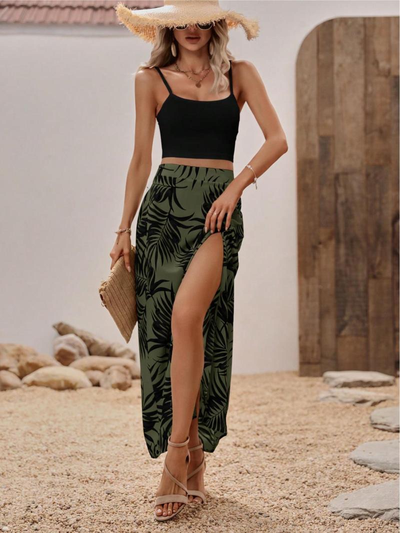 Product Introduction of Women's Plants Print Skirt, Elegant Fashion Casual  Split Thigh  Skirt for Daily Outdoor Wear, Ladies Clothes for All Seasons 4