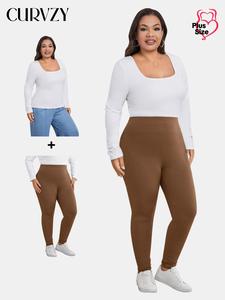 CURVZY Plus Size Solid Scoop Neck Tee & Skinny Pants Two-piece Set, Casual Long Sleeve T-shirt & Leggings, Women's Spring & Fall Outfits