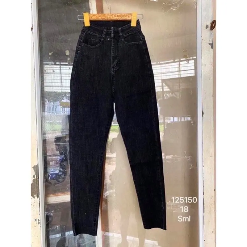 [Size 60kg->95kg] Quần Dài Jean Đen Muối Tiêu Trơn/ Rách 1 Đùi Lai Tua - Co Giãn Mạnh - Lưng Siêu Cao, Nữ Denim Tua Rua Pants 1