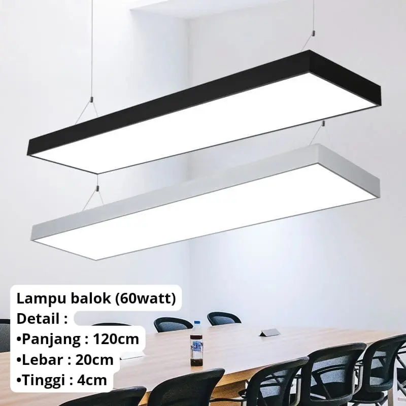 Lampu balok Led 60 WATT office gantung plafon - BodyHitam+putih sinar putih