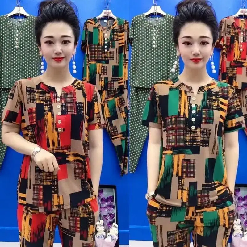 Quần Áo Nữ, Thời Trang Mùa Hè, Hàng Mới Về, Chất Liệu Lụa Lạnh Dành Cho Phụ Nữ Trung Người Già Và Cao Tuổi, Hai Mảnh, ngắn Tay Áo, Co Giãn, Thường Ngày, Dáng Rộng Rãi Và Thoải Mái, Thích Hợp Cho Mẹ