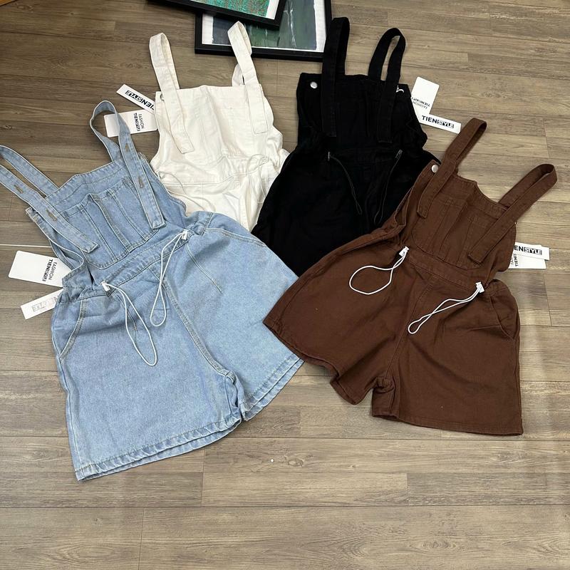 Quần Short Yếm Jean Nữ  Kaky Rút Dây Eo Ống Rộng 6 Màu năng động, Quần Yếm Hai Dây Rút Eo Women