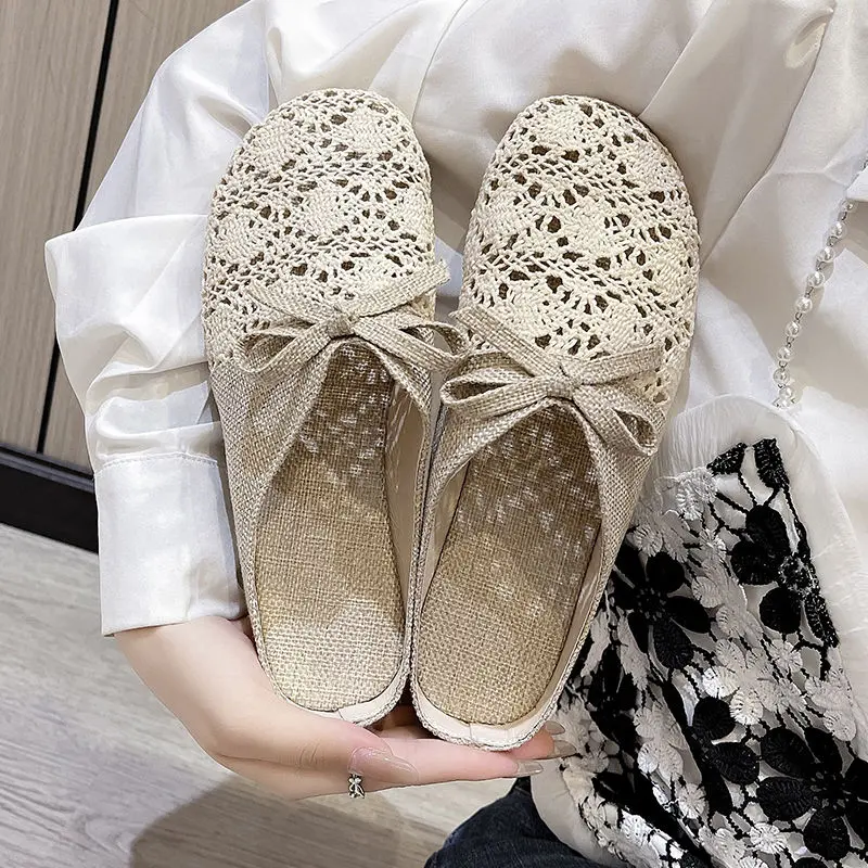 2025 [2 Women's New Summer Slippers Versatile Outdoor Mesh Breathable Non-slip Linen Cotton Closed Toe Half Slippers Hot Sale