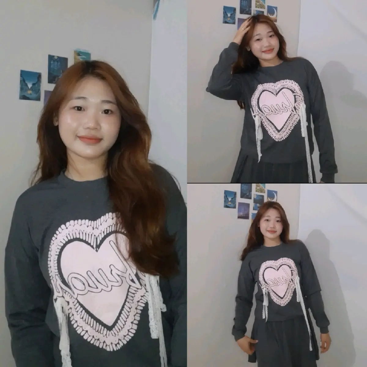 (ảnh Tamia.store)set đồ chất thun tăm màu xám tay dài in hình trái tim cho nữ.