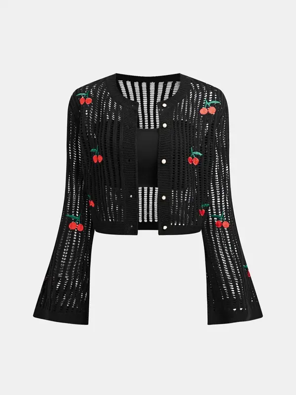 YOZY Boho Cherry Embroidery Cardigan & Basic Crop Tube Top/ Flounce Sleeve Button Front Knitwear & Sleeveless Tube Top, 2024 Women's Summer & Autumn Outfits for Daily Wear 7