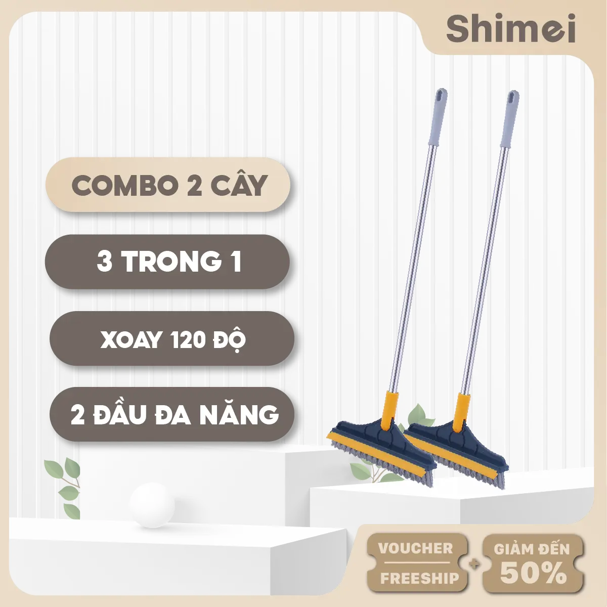 Set 2 Cây Chổi Chà Sàn Đa Năng Xoay 120 Độ - Cây Chà Sàn Nhà Tắm Thiết Kế Đầu Gạt Nước Và Đầu Chổi Xoa 2 trong 1 Cao Su Làm Sạch chổi  cao