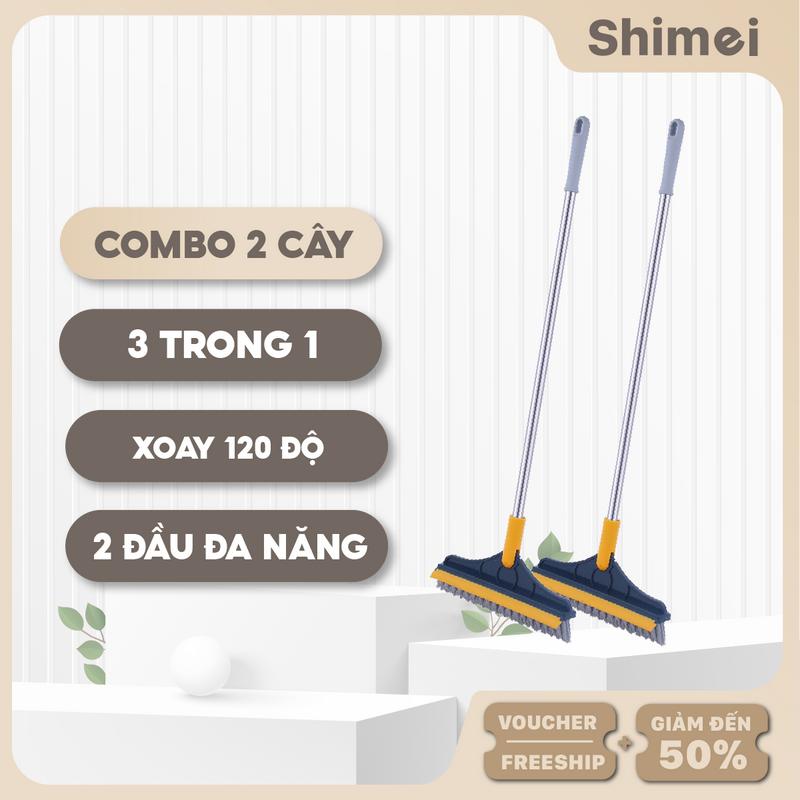 Set 2 Cây Chổi Chà Sàn Đa Năng Xoay 120 Độ - Cây Chà Sàn Nhà Tắm Thiết Kế Đầu Gạt Nước Và Đầu Chổi Xoa 2 trong 1 Cao Su Làm Sạch chổi cao