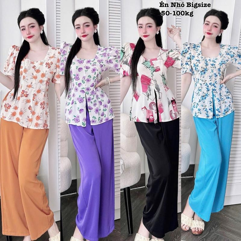 Set Bộ Đồ Bà Ba Bigsize Nữ Mặc Nhà, Đi Lễ Chùa Áo Hoa Cổ Vuông Đính Ngọc Trai Kèm Quần Dài Vải Lụa Mango Cao Cấp Thanh Lịch Sang Trọng 50-95kg Áo Top Đồ Lam Pháp Phục Bigsize Women Tay Loe Nhung Ống Loe Dài Tay Đen Voi Ong dobo nguoi - 2332