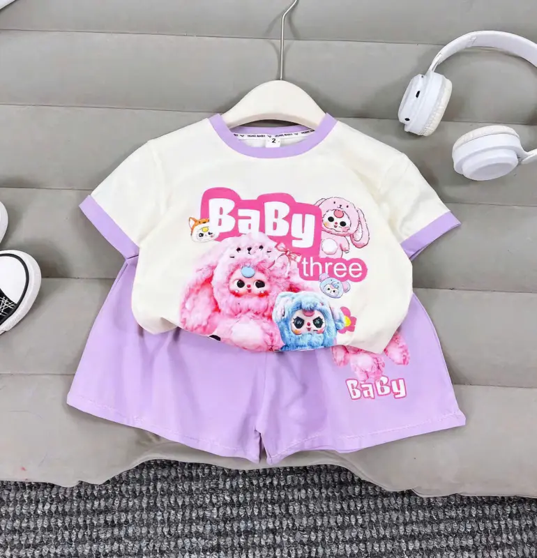 Bộ áo cộc tay bé gái mẫu BABY THREE mùa hè sz tới 38 kg 5 màu chất coton thoáng mát 2