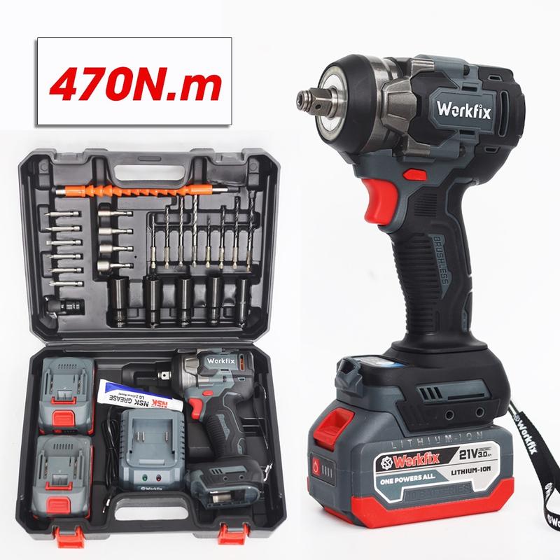 [Tặng 26 Phụ Kiện] Máy Bắn Bulong 470N Workfix chính hãng. Không Chổi Than, Chuyên Siết Mở Ốc, , Vặn Vít, Bắn Tôn khoan vvv,....