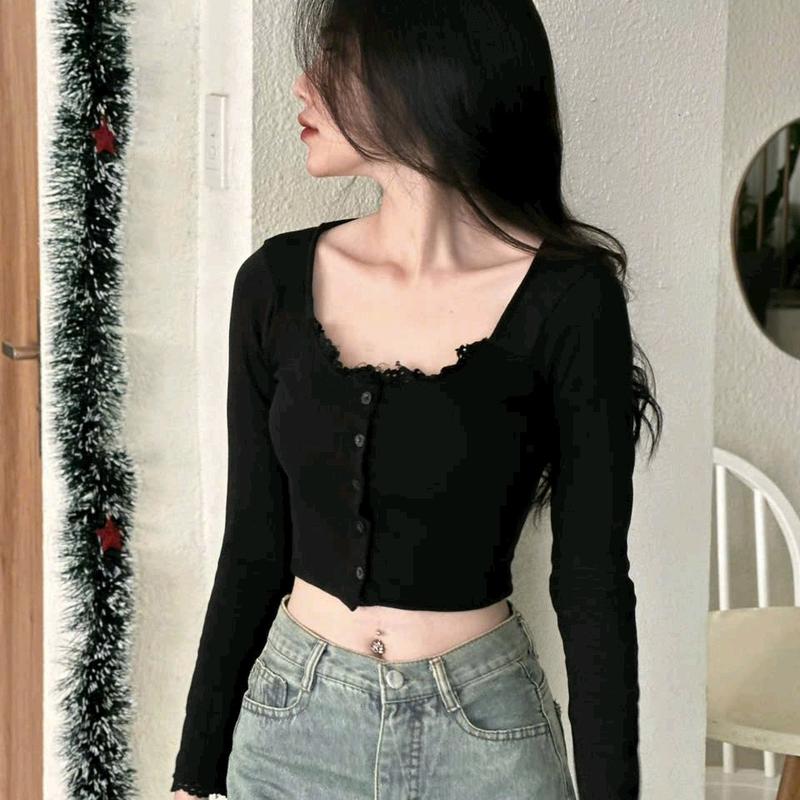 Áo Kiểu Tay Dài Cổ Tròn Lớn Phối Ren Croptop Xinh Xắn Nữ Women Voi Đen Voan Sen Sơ Mi Jean