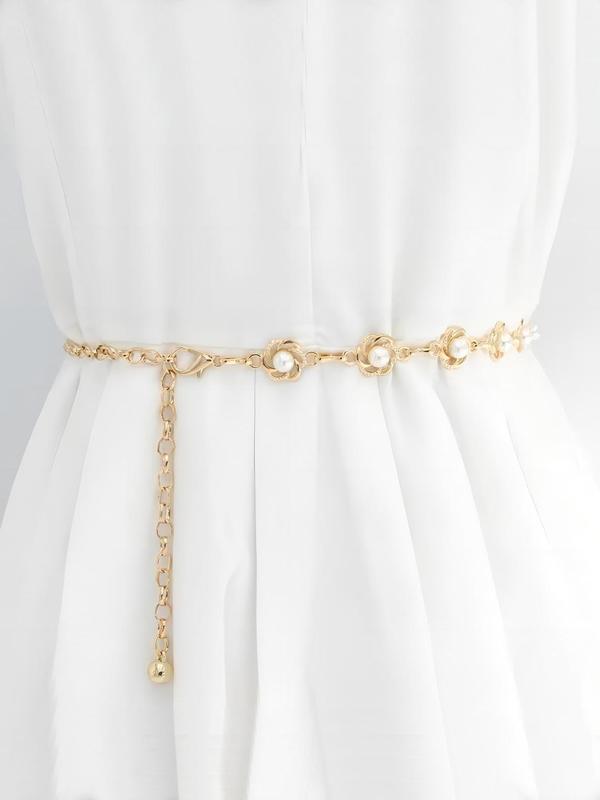 Women's Elegant Faux Pearl Decor Flower Design Chain Belt,  Trendy Cute Chain Belt, Chic All-match Stylish Clothes Accessories for Party Decor 3