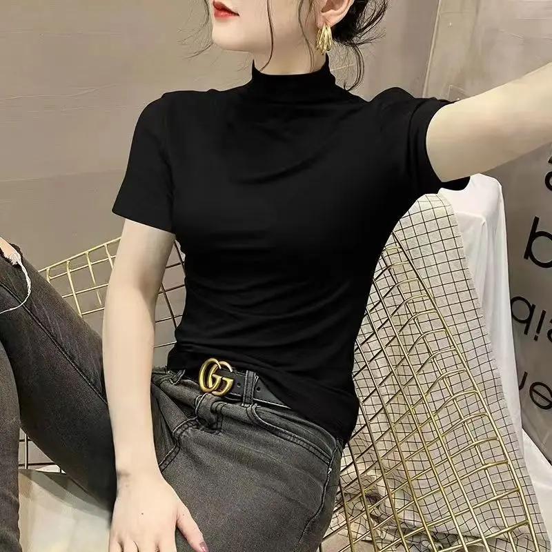 1pc Half Turtleneck Short-sleeved Bottom Shirt Women Spring and Summer T-shirt Temperament Slim-fit Tight Black Top with A Vest