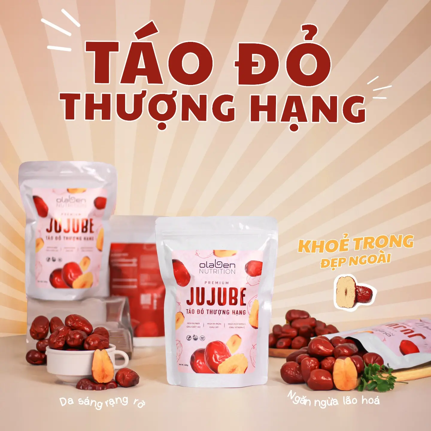 Táo Đỏ OLABEN Premium Jujube Nguồn Gốc Tân Cương Size Lớn Vỏ Mỏng Bồi Bổ Sức Khỏe Túi 400gram ngucoc