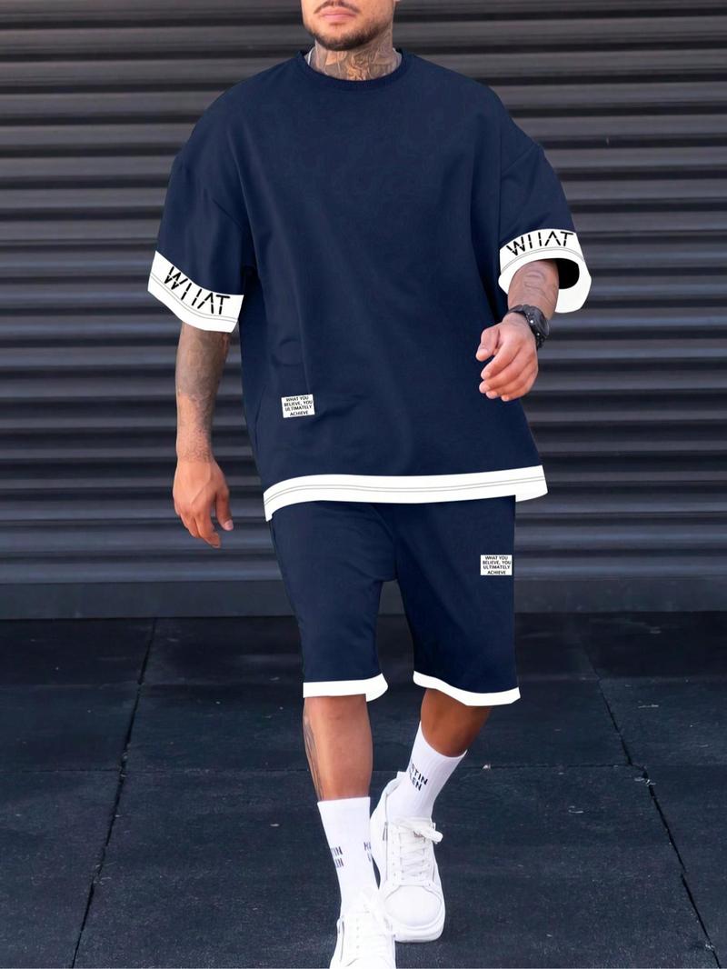 Product Introduction of Plus Size Men's Letter Print Tee & Shorts Set, Crew Neck Short Sleeve T-Shirt & Shorts PJ Set, Casual Comfy Men's Sleepwear & Loungewear Set for Summer 1