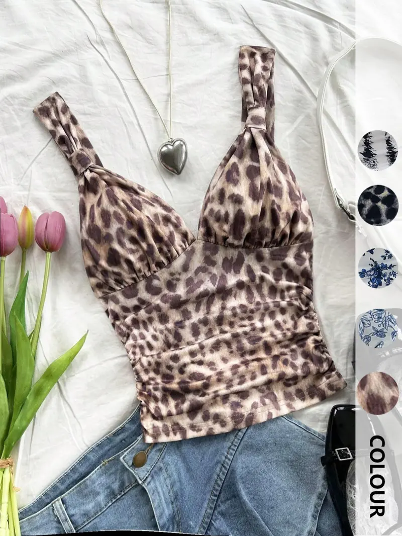 トップス Angelnumber555 leopard ribbon sleeveless Women's Leopard Print Ruched Tank Top, Casual Sleeveless