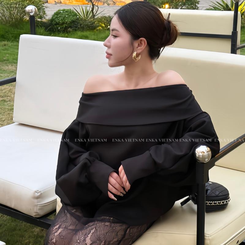 Áo trễ vai nữ Minny không kèm váy áo sơ mi kiểu nữ tay dài dáng ôm mặc 2 kiểu phong cách tiểu thư sang trọng WOMEN TOP - ENKA VIETNAM